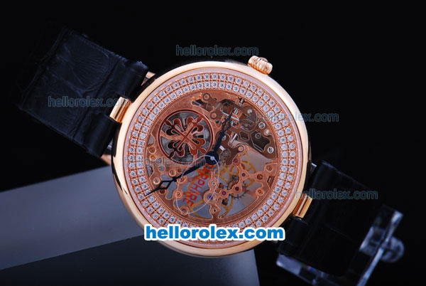 Patek Philippe Skeleton Manual Winding Movement With Rose Gold Case and Leather Strap - Click Image to Close